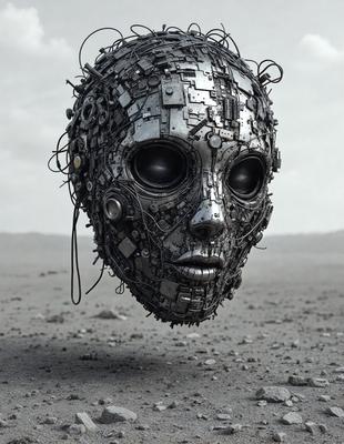 The primary subject of the image is a close-up of a face with a mask-like appearance. The face is surrounded by a variety of electronic components, giving it a futuristic and technological look. The setting appears to be a desert-like environment, with a rocky surface visible in the background. The visual style of the image is a combination of photo and digital art, creating a unique and intriguing composition. The colors and mood of the image are predominantly dark and moody, with the electronic components adding